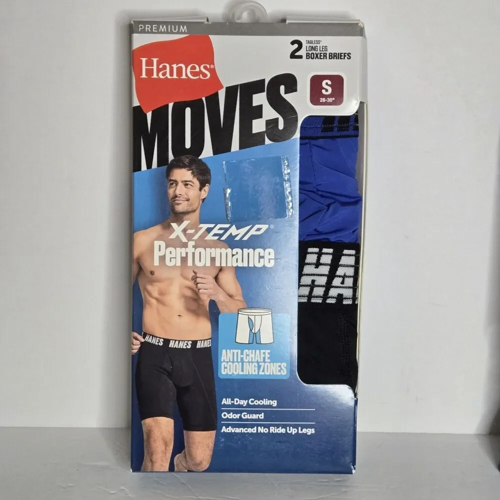 HANES Boxer Brief Anti Chafe Cooling Zone Long Leg 2 Pack Black/Blue Men S NWT